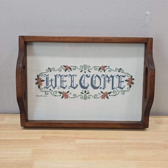 Cross Stitch "Welcome" Handmade Wooden Serving Tray 16x11 Shabby Cottagecore - Picture 6 of 13